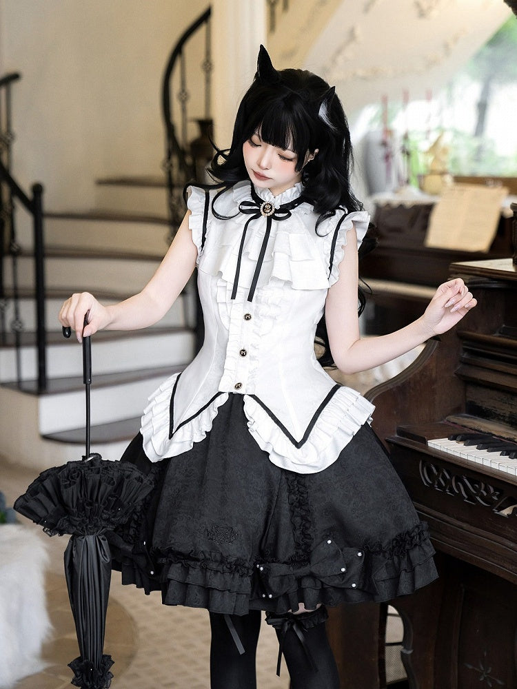 Vintage Lolita Skirt with Bow & Pearl Decoration in Black - Xiong Dou Jiang