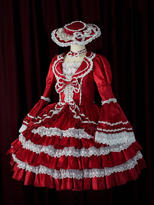 Wunderschönes Lolita-Kleid mit gestuftem Rüschenrock, Puffärmeln und Glockenärmeln in Rot