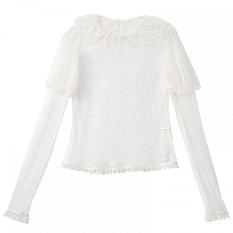 ブラウス レース ホワイト 水玉 ピーターパンカラー ジュリエットスリーブ スイート