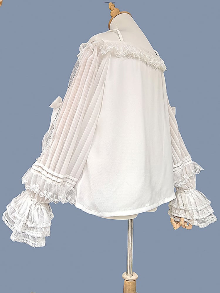 with White Sleeves Blouse and Off-the-shoulder Lace Trim Neckline Lolita Semi-sheer