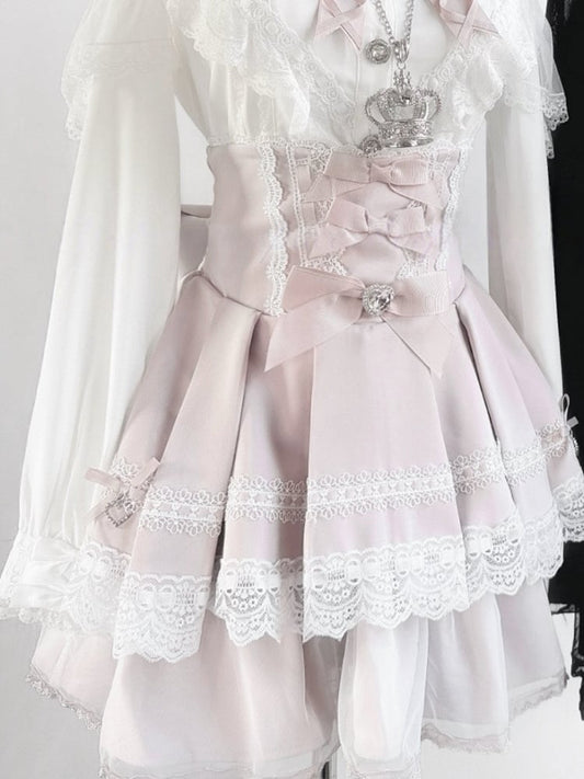 Lace Bow Rhinestone with Detail Double-Layer Decoration High-Waisted Skirt Landmine Tulle Pink