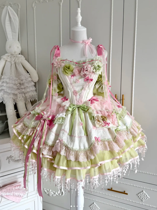 Sweet Lolita JSK Set with Floral Crown and Detachable Sleeves - Sweetheart Macaron Lolita