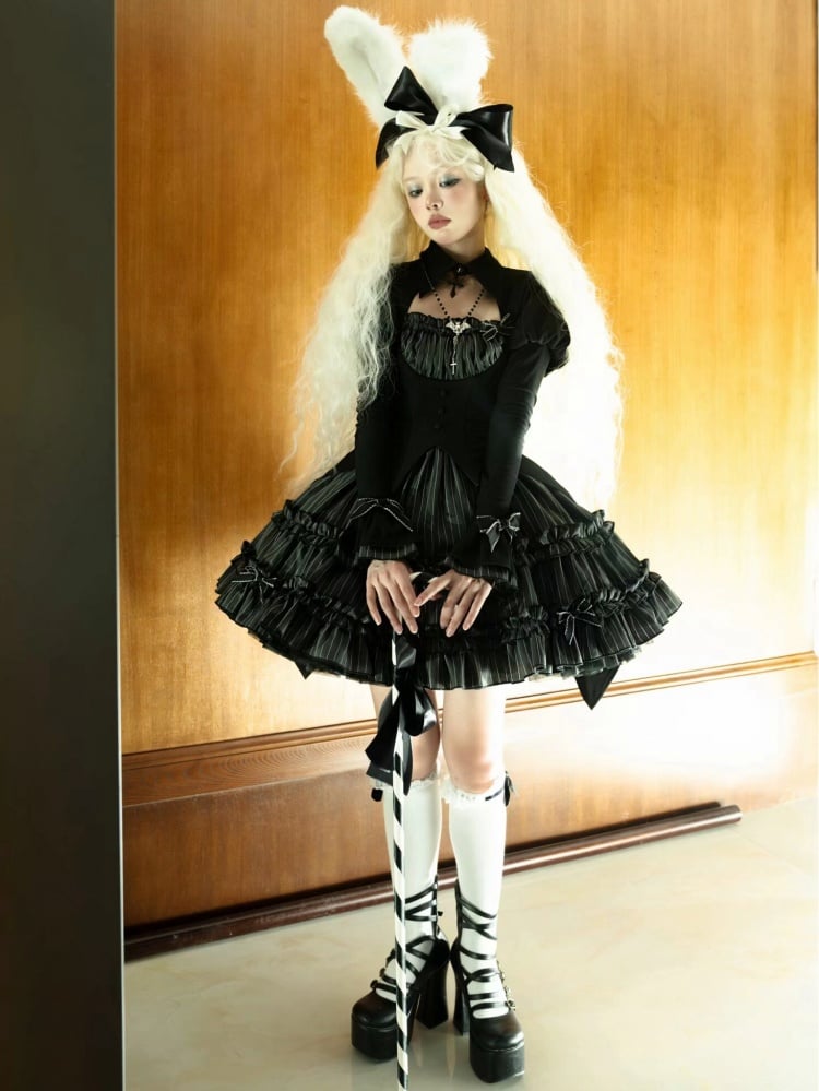 Black and Gray Fake Two-piece Bolero Top Dark Gothic Lolita Striped Dress