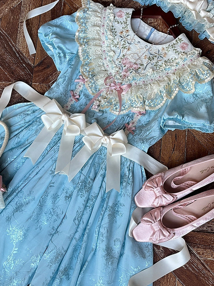 Embroidered Blue Classic Lolita OP Dress with Scallop Lace Trim
