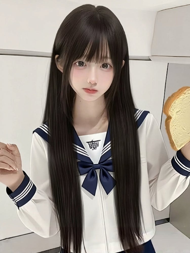 Black Tea 75cm Straight Wig Full Bangs