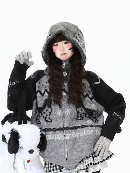 Hoodie Jacket Pink/Black Letter with Daily in Puppy Pattern Graphics Kawaii