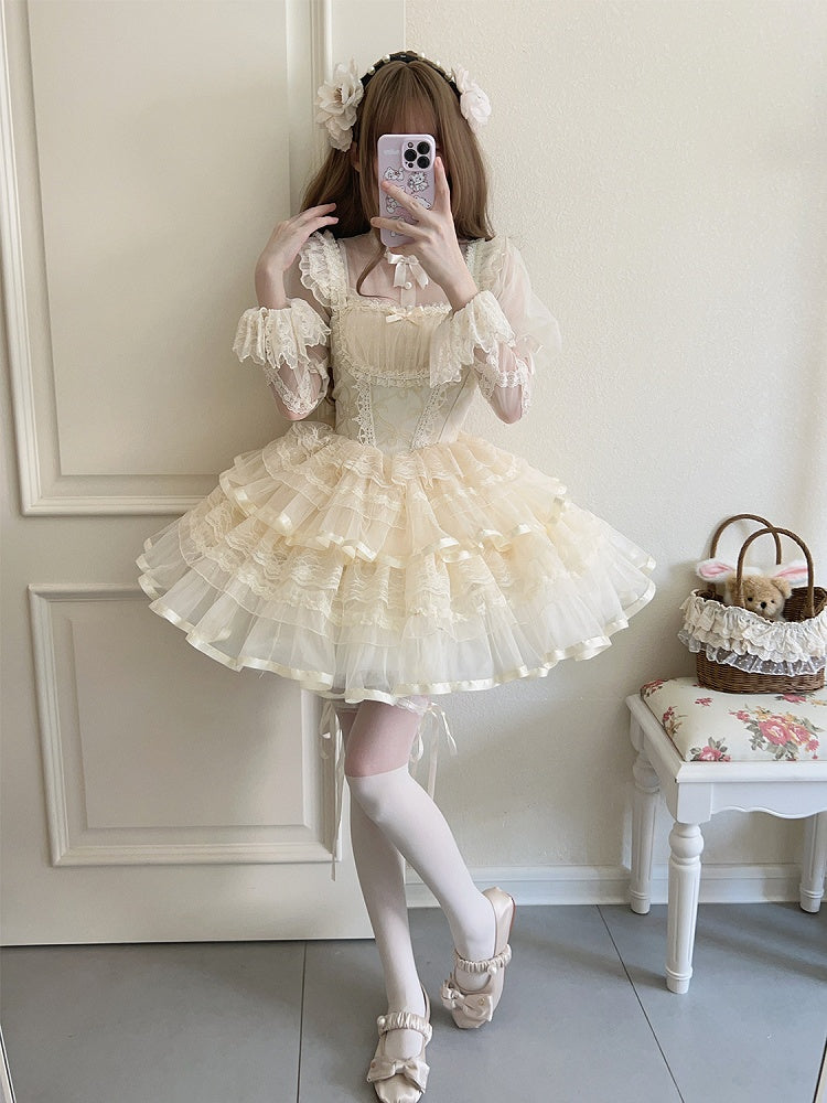 Print Skirt Apricot Jumper Bows Lolita Waist Balletcore Basque