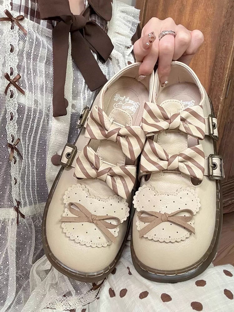 Details Design Beige Bear Striped Flats Bowknot Lolita Pattern