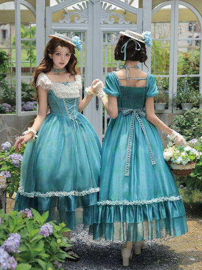 Ruffle Teal Lolita Dress with Chain, Choker & Hat Set - Classic - With PUJI