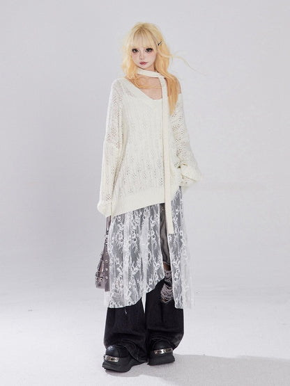 アプリコット/ブラック Vネック ホロウアウト ニットセーター