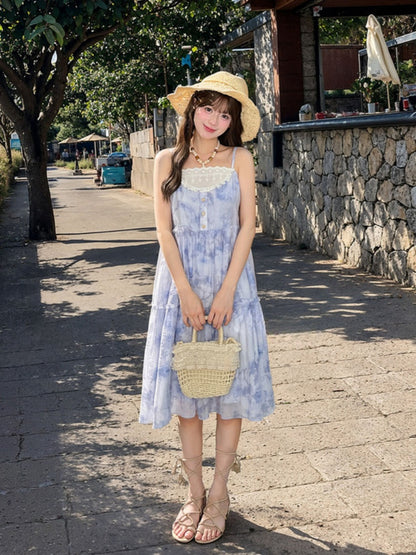 Halter Neck Tie Patches Blue Chiffon Dress Slip Beaded Loose Dye Lace Chain