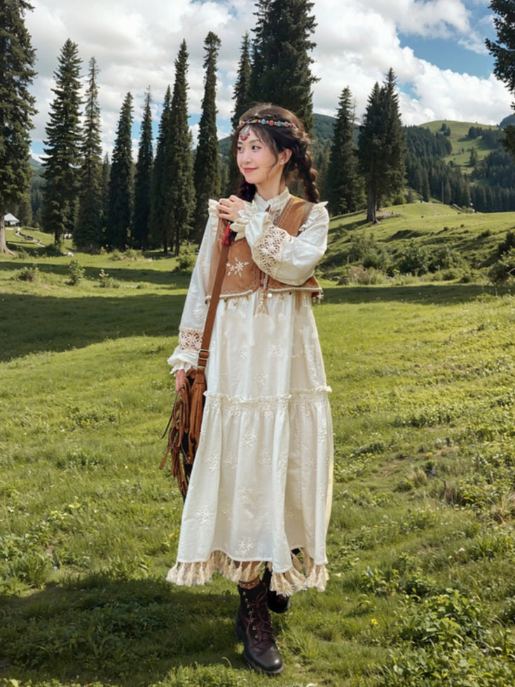 Brown Floral Embroidery Star Charm Hem Vest