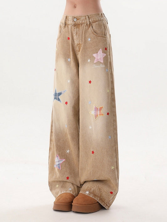 5-Color Casual Distressed Straight Jeans with Star Embroidery Decoration - Rayohopp
