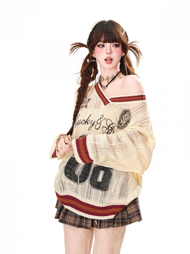 Hollow-Out Top Sonnenschutz Apricot V-Ausschnitt Asymmetrischer Ausschnitt Preppy Style