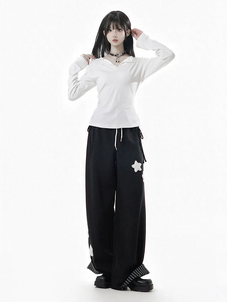 Gray/Black/Beige Plush with Rolled Star Cuffs Appliques Dark Sweatpants Striped
