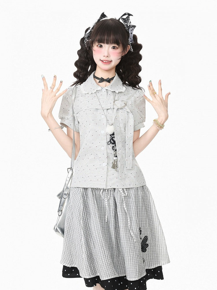White Plaid Peter Pan Collar Shirt with Puff Sleeves and Heart Buckle - Languid Park