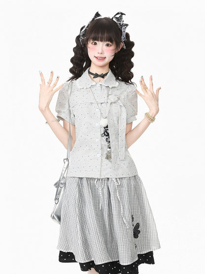 White Plaid Peter Pan Collar Shirt with Puff Sleeves and Heart Buckle - Languid Park