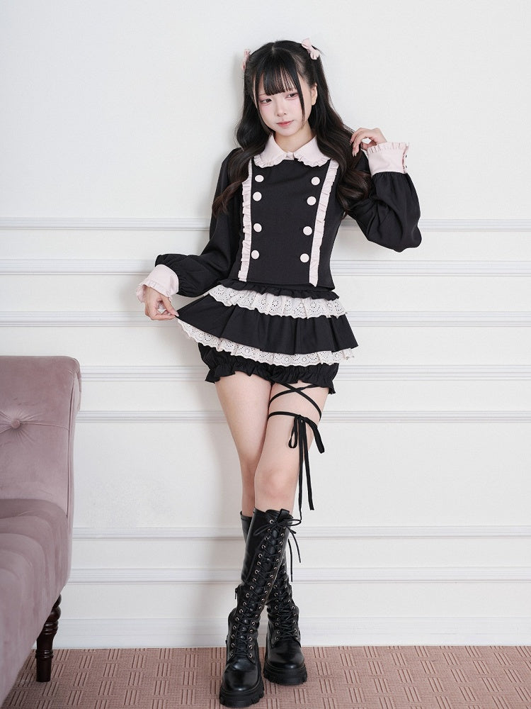 Black & Pink Jirai-Kei Tiered Ruffle Skirt, Lace Trim & Built-In Shorts - No Genki