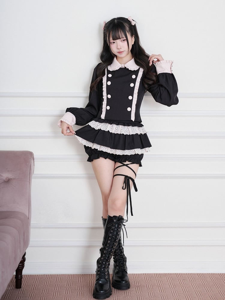 Black & Pink Jirai-Kei Peter Pan Collar Long-Sleeve Top, Double-Breasted & Ruffled - No Genki
