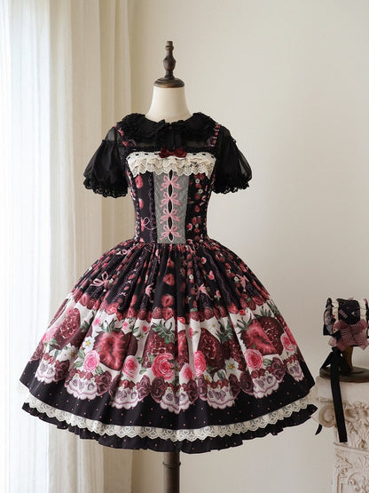 Floral Strawberry Rose Print Black Puff Sleeve JSK
