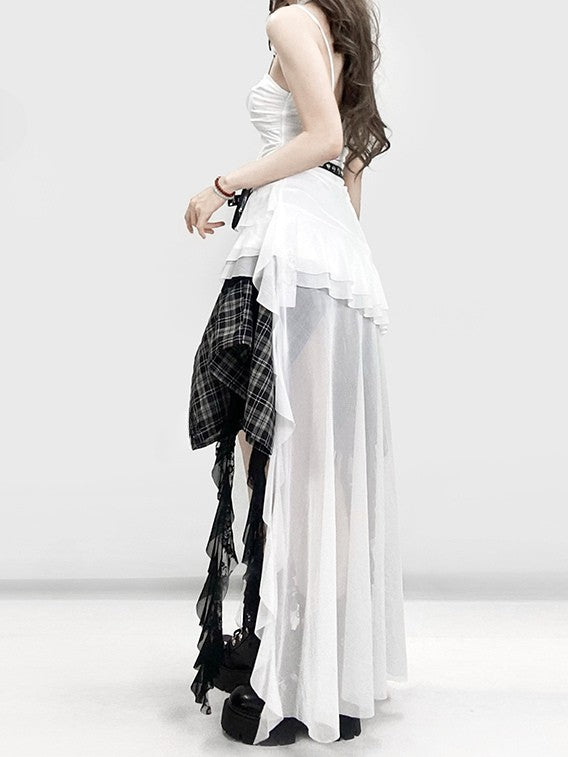 Holiday Asymmetrical Cami Y2K Glamorous Trim Ruffles Top White Hem