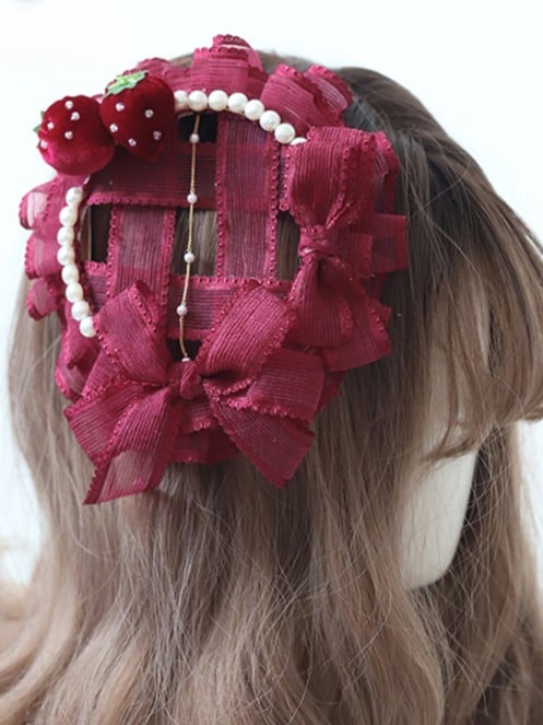Hat Sweet Plaid Pearl With Lolita Strawberry Clips Mini
