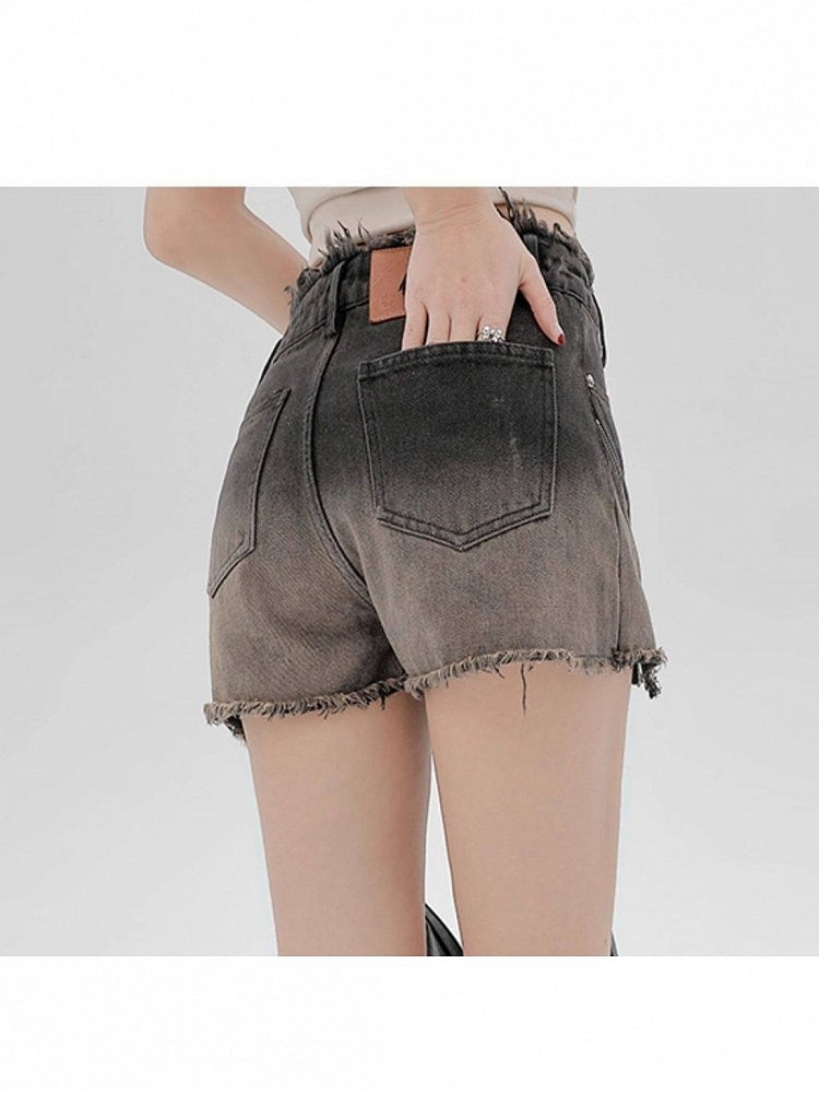 Denim High-waisted Shorts with Butterfly Zippers & Distressed Details - Girlyhalo
