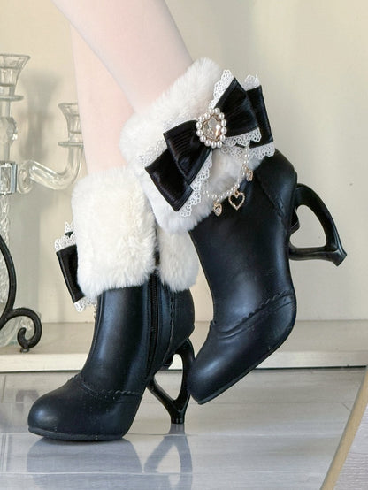 Lolita Winter Sweet Heart-Shaped - Black Cuff Plush with Boots Style Heel