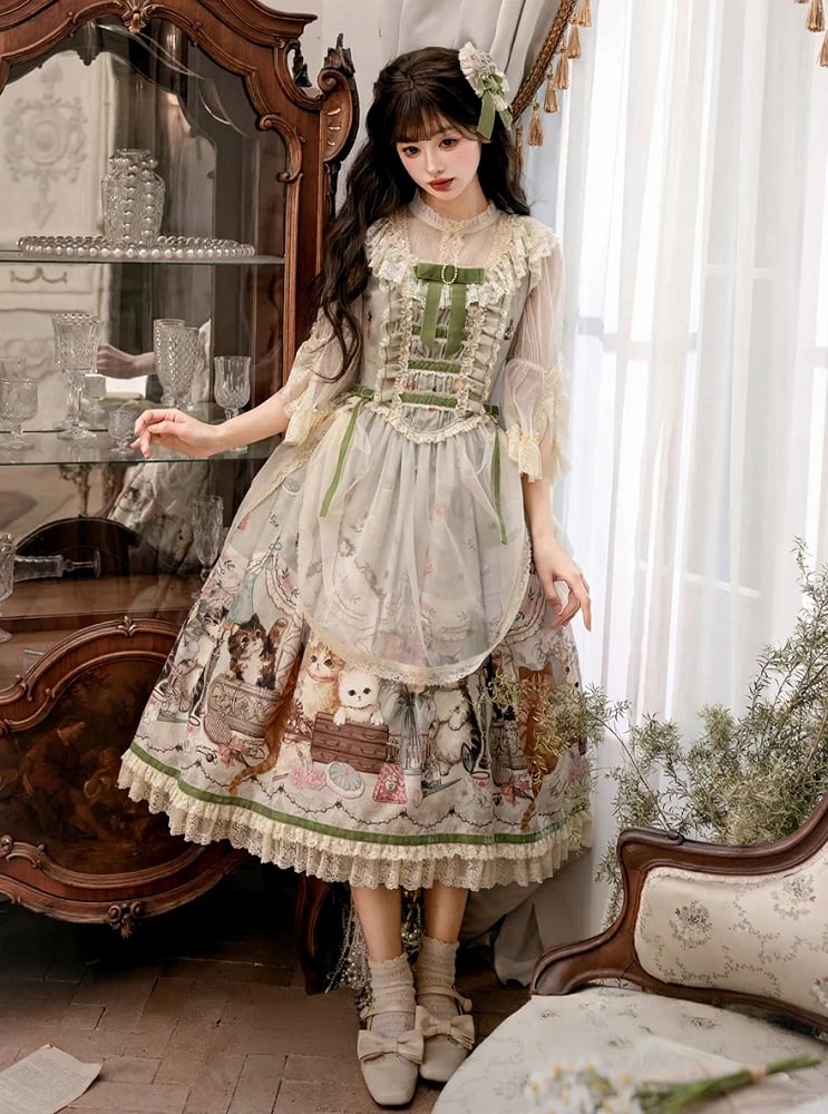 Green Cat Print Lace Ruffles Sweet Lolita JSK Dress with Drawstring Overlay - NyaNya