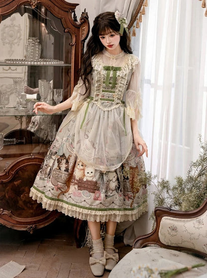 Green Cat Print Lace Ruffles Sweet Lolita JSK Dress with Drawstring Overlay - NyaNya