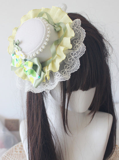 with Mini Bowknot Print Hat Lemon Green Yellow Beads Details