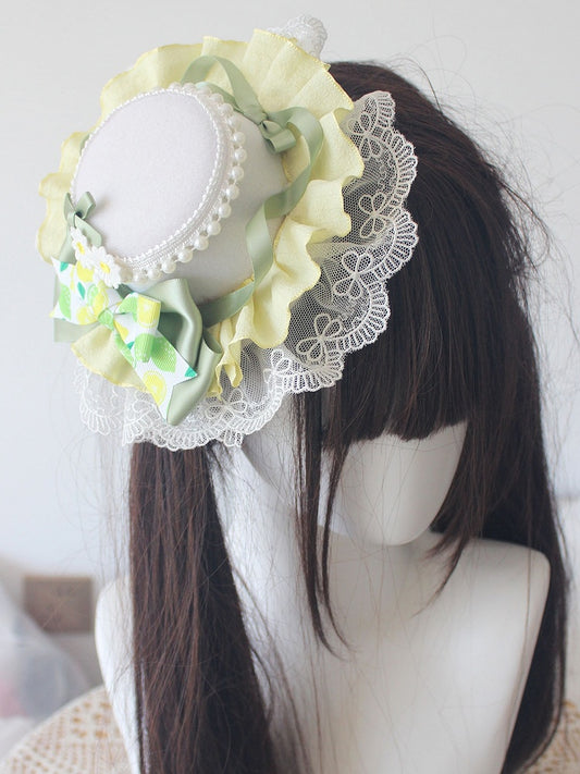 with Mini Bowknot Print Hat Lemon Green Yellow Beads Details