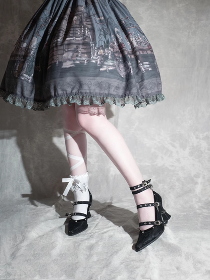 Gothic Black Pointed Toe  Lace 8.5cm High Heels Multiple Buckle Straps