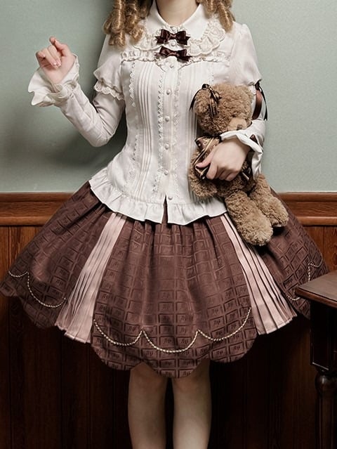 Skirt Sweet Scalloped Chocolate Lolita Brown Pleating Details with Edge Trim