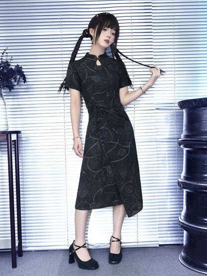 Black Gothic Short Sleeve Cheongsam Sea Lily Print - Quirky Hut