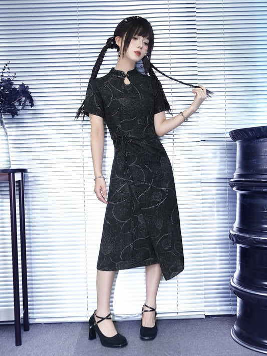 Black Gothic Short Sleeve Cheongsam Sea Lily Print - Quirky Hut