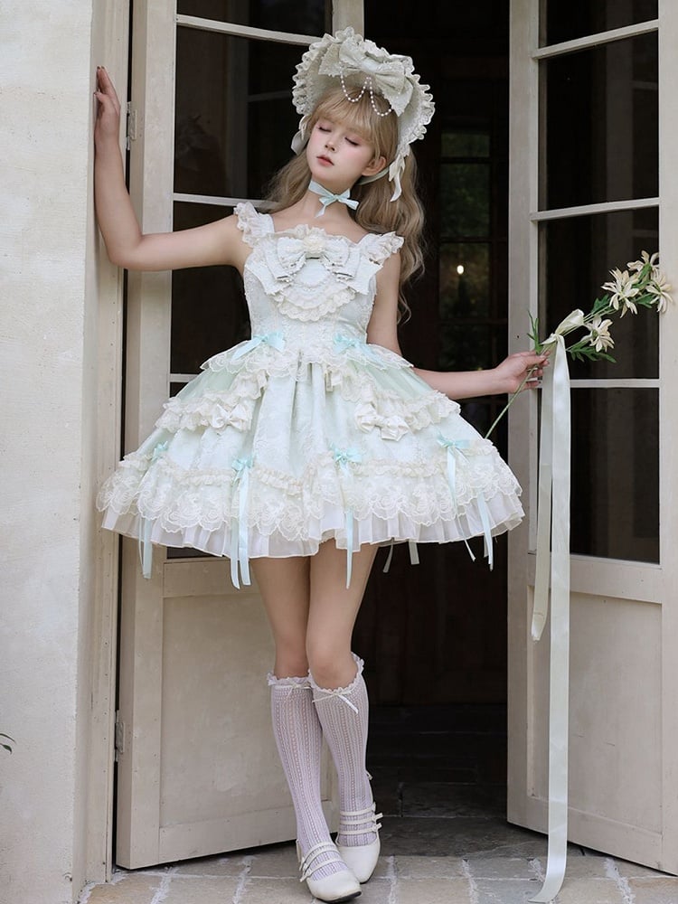 Skirt Accents Light Dress Lolita Jacquard Green Sweet Jumper Fabric Bow