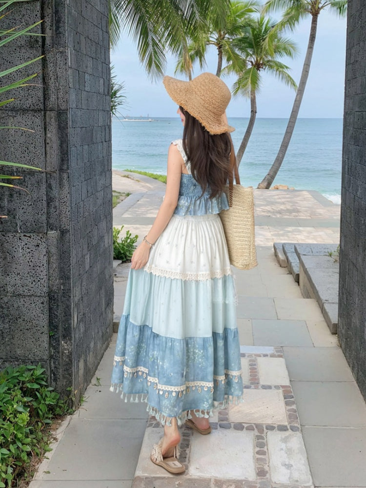 Dye Tie Blue Skirt Design Tassel Hem Shell Charm Patchwork Trim Lace