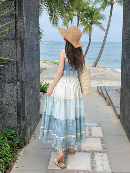 Dye Tie Blue Skirt Design Tassel Hem Shell Charm Patchwork Trim Lace