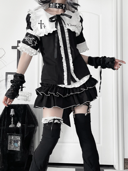 Front Gothic Sleeve Bow Metal with Lacing Tie Short Lace-Trimmed Back White Eyelet Top Black