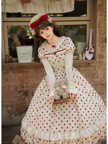 Long Beige and Red Polka Dot Puff-Sleeve Faux Layered Lolita OP Set with Apron - With PUJI