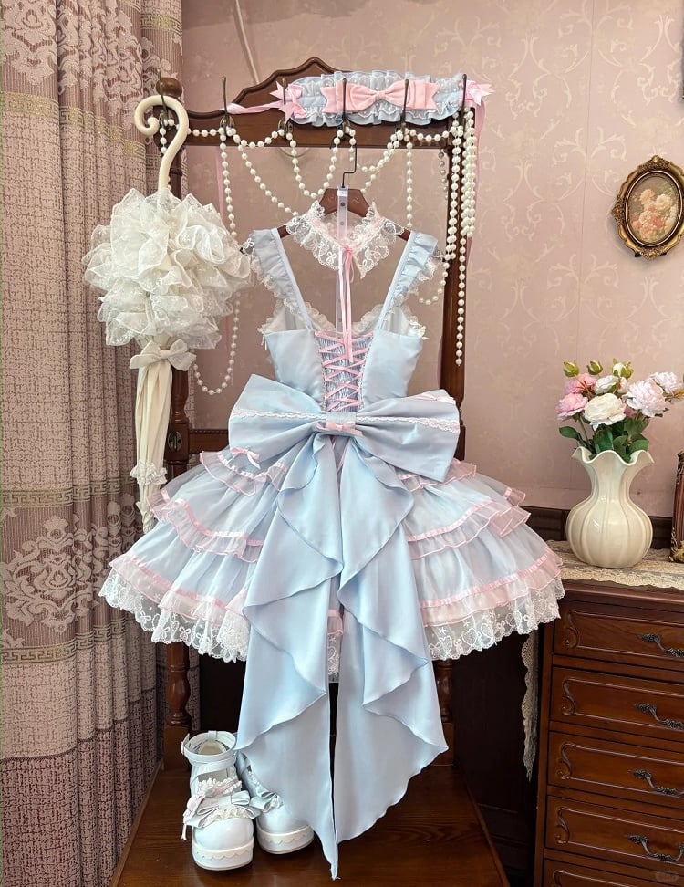 Skirt and Pink Blue Jumper Skirt Hime Lolita Dress Flutter Sleeves Tiered