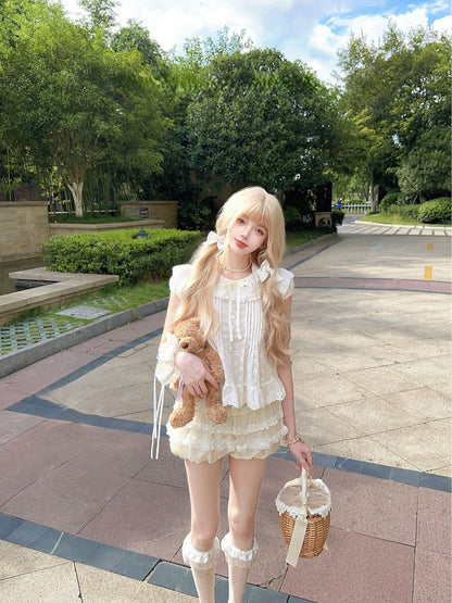 Blouse With Embroidered Trim White Dollcore Floral Bow Ruffle