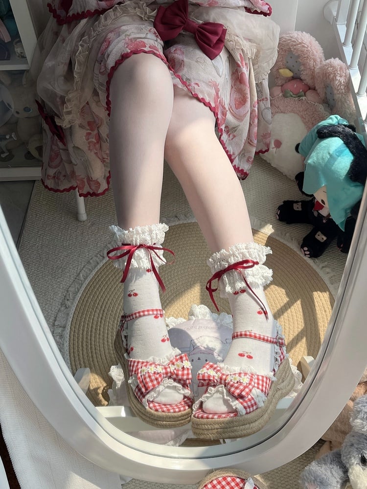 Cherry-Printed Ankle Socks in Red and White Lolita Style - Fantasy Doll