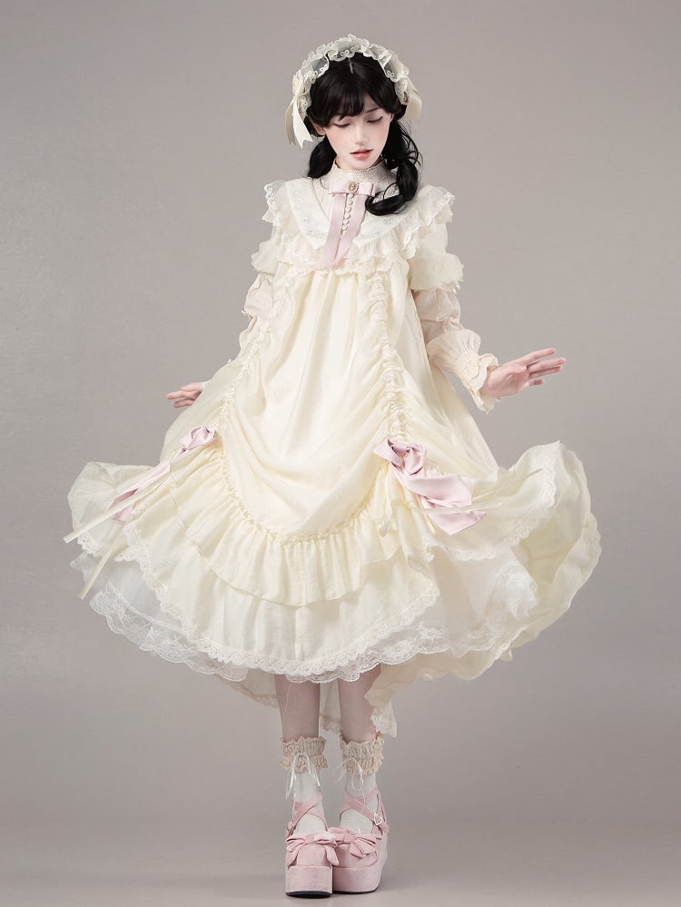 Beiges Lolita-Kleid mit kurzen, weiten Ärmeln und Kordelzug und Rosettendetails