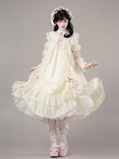 Beige Short Drawstring Loose Sleeves Lolita Embroidery with Rosette Details Dress