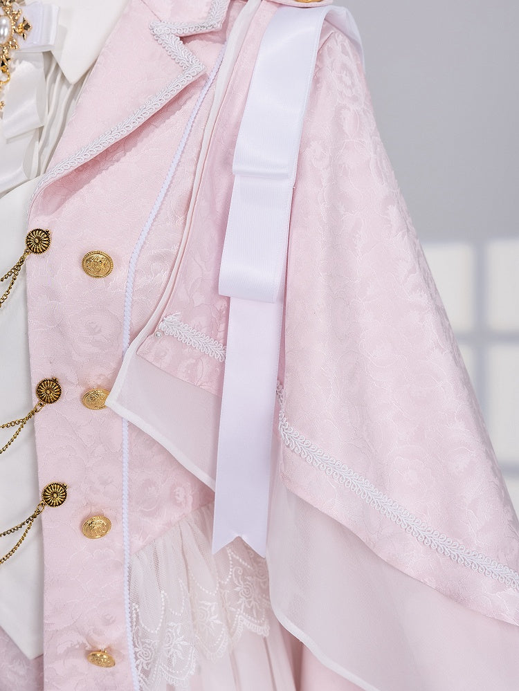 Pink Cherry Blossom Jacquard Coat with One-Shoulder Cape - DevilInspired Exclusive Collection