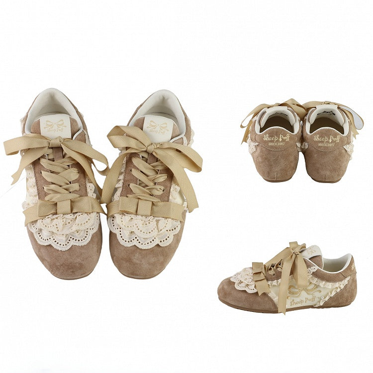 Süße Schnür-Sneakers in Khaki mit Schnürung vorne und Balletcore-Lolita-Besatz