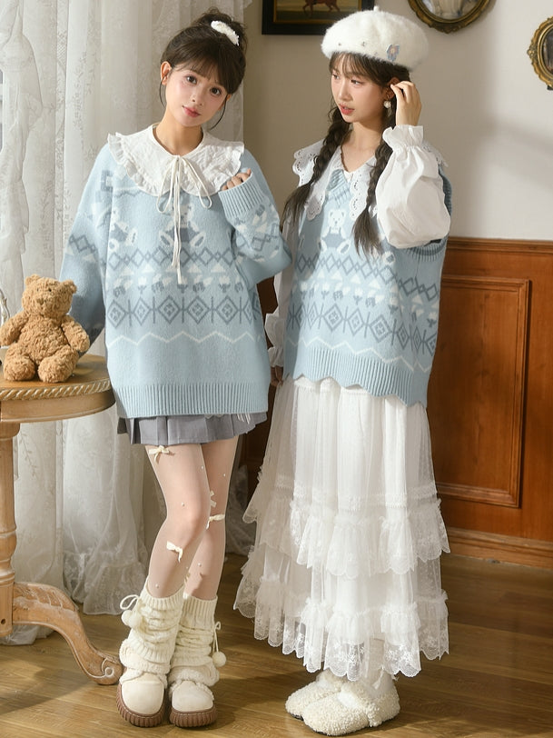 Blue Teddy Bears Pattern Round Neck Cozy Sweater