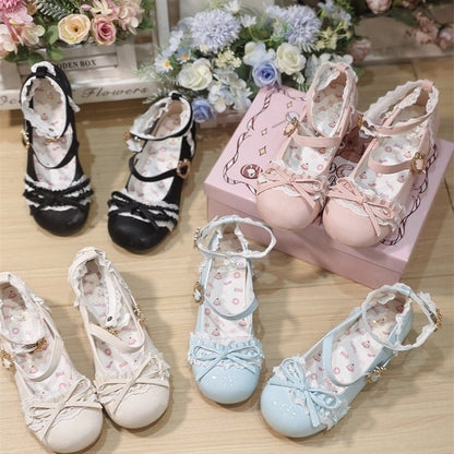 Lolita Janes Ornate Pink Low-heel Top Mary Heart Sweet Buckle with Knot Bow
